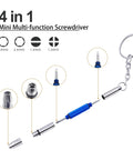 4 Pcs Mini Eyeglass Screwdriver Set 4 In 1 Precision Kit with keychain, showing blue handle and interchangeable tips for eyeglass repair