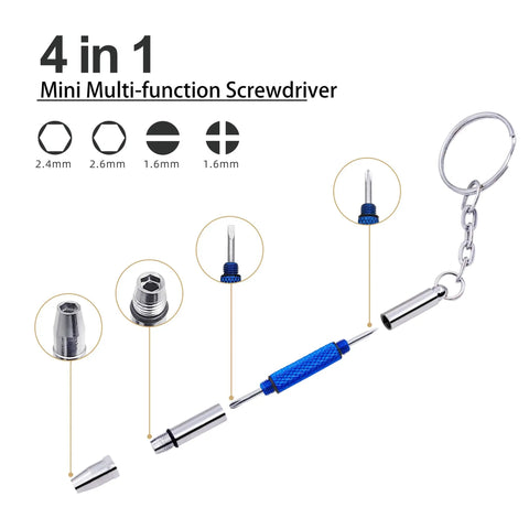 4 Pcs Mini Eyeglass Screwdriver Set 4 In 1 Precision Kit with keychain, showing blue handle and interchangeable tips for eyeglass repair