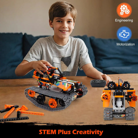 Boy playing with Three In One STEM Robot Kit For Kids Aged 8 To 12 with remote control, featuring tank and robot transformations.