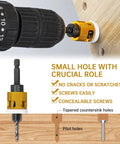 Side view of 5-piece countersink drill bit set with depth stop and replaceable HSS bits; gold knurled collar.