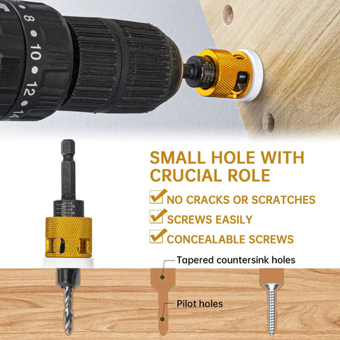 Side view of 5-piece countersink drill bit set with depth stop and replaceable HSS bits; gold knurled collar.