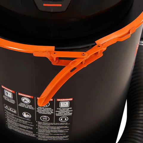 Compact Portable Dust Collector With A Killer 1.48 HP Motor Generating 108 CFM Of Insane Suction showing the secure latch and warning labels.