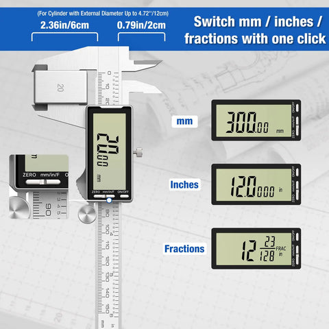 Digital Caliper 12 Inch With Large LCD Screen For Inch Millimeter And Fraction Conversion 0 To 300 Millimeters display modes