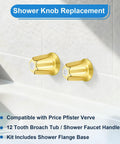 Gold Bathtub Shower Trim Kit For Price Pfister Valve, showing two polished gold replacement knobs on tiled wall