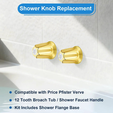 Gold Bathtub Shower Trim Kit For Price Pfister Valve, showing two polished gold replacement knobs on tiled wall