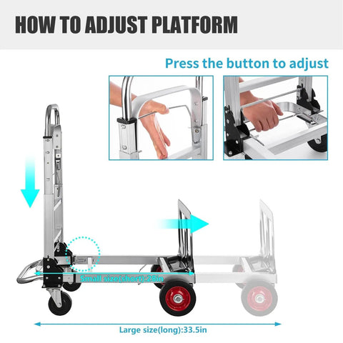 Beefy Heavy Duty 2 In 1 Aluminum Hand Truck Dolly Convertible With One Hand Switch For Versatile Lifting Up To 440 Lbs Four Wheel Or 220 Lbs Two Wheel, 28in to 33.5in adjustable platform
