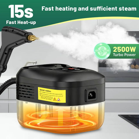Primiorix 2500W Steam Cleaner Handheld High Temp Steamer With 15S Fast Heat Up showing steam output and water reservoir.