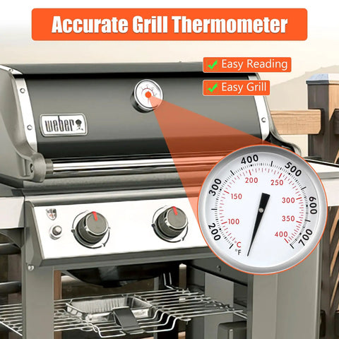 Spot On Accurate Grill Thermometer Replacement For Genesis 300 Series, installed on grill with reading close-up