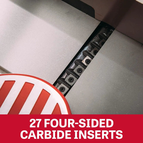 Close-up of 27 four-sided carbide inserts in a six inch long bed jointer featuring helical cutterhead.