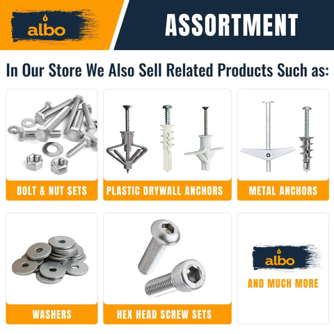 Collection of 1/4-20 Hex Nuts Set in Stainless Steel 304 with related products, including anchors and washers