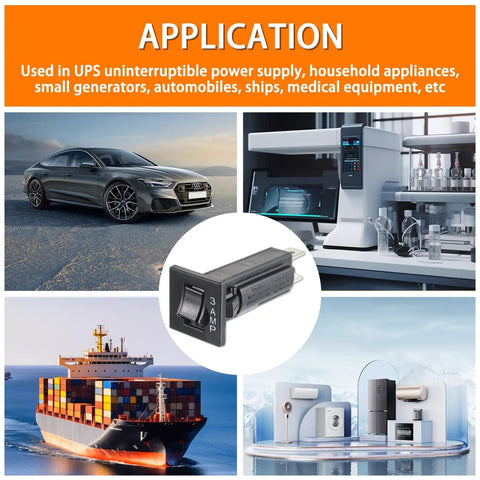 Heavy Duty Thermal Circuit Breaker Fuse For W28XQ1A3 displayed with applications in auto, appliance, cargo ship, and lab settings.