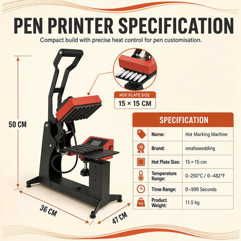 ErShangMao 350w Electric Pen Heat Press Machine with six position aluminum platen and digital timer specifications.