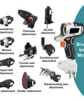 Top Shelf 10 In 1 Cordless Power Tool Combo Kit With Brushless Workhorse Motor showing attachments for versatile use.