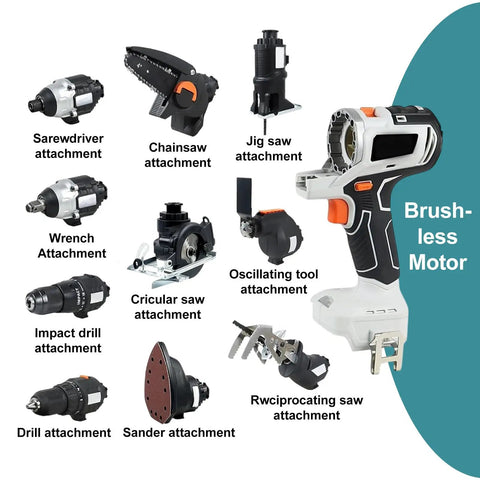 Top Shelf 10 In 1 Cordless Power Tool Combo Kit With Brushless Workhorse Motor showing attachments for versatile use.