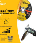 Three Inch Pro Grade Die Grinder Cutting Discs Ten Pack With Mounting Mandrel Kit, showing yellow disc and caliper measurement.