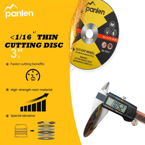 Three Inch Pro Grade Die Grinder Cutting Discs Ten Pack With Mounting Mandrel Kit, showing yellow disc and caliper measurement.