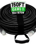 150 Ft 10 Gauge Outdoor Extension Cord Waterproof Built Tough Power Cable With 15 Amp 125 Volt Rating, SJTW, ETL Listed For Outdoor Tools, Lawn Care, Construction, And Weatherproof Use coiled with plugs