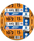 Ten Two Awg Romex Simpull Fifteen Foot NM B Cable With Ground packaging showing 10/2 type, 15 ft length, for indoor wiring
