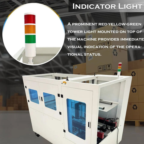 Heavy Duty Automatic Carton Erector And Bottom Taping Sealer with visible red-yellow-green indicator light atop the machine.