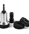 Dope Wheel Hub Cleaning Tool With Dual Head Adapter, aluminum body, three pads and attachments for drills and impact wrenches.