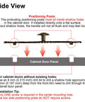 Side view of vintage bronze patina finish cabinet hardware showing positioning posts for 6.3 inch spacing installation instructions.