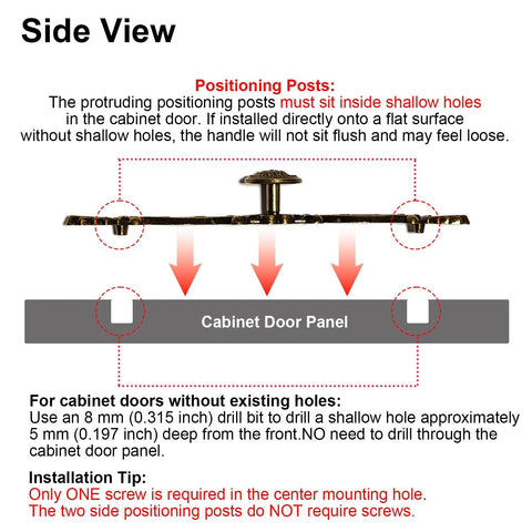 Side view of vintage bronze patina finish cabinet hardware showing positioning posts for 6.3 inch spacing installation instructions.