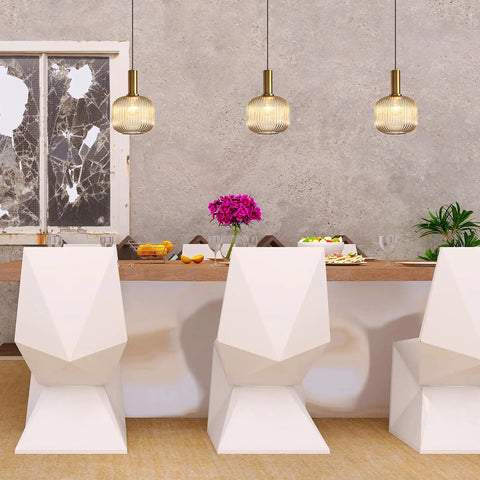 Modern Farmhouse Striped Glass Pendant Light For Kitchen Island And Dining Room above breakfast bar with white chairs