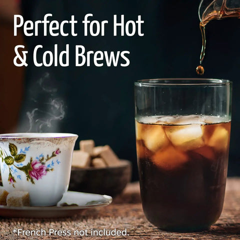 Hot coffee and iced cold brew using Nonwoven French Press Filter Bags 200 Pack For Loose Tea And Mason Jar Brewing