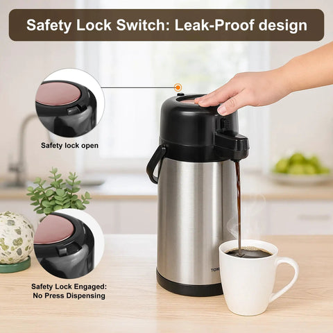 Airpot Coffee Carafe With Pump, 102oz 3L Insulated Stainless Steel Beverage Dispenser with safety lock in use, pouring coffee into mug.