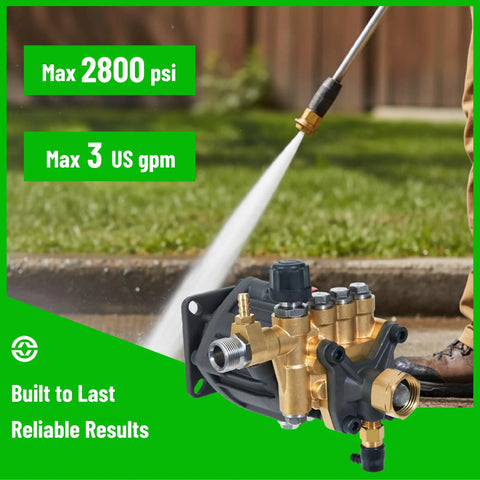 Beefed Up Axial Cam Replacement Pump For Residential Pressure Washers 2800 PSI At Three GPM shown with spray action