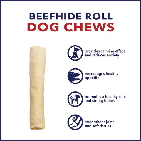 Beefhide Dog Chew Rolls 8 Inch Made In USA Natural Flavor 15 Count Pack Thick Rawhide Treats For Heavy Chewers Safe American Sourced Quality Chews For Dogs.