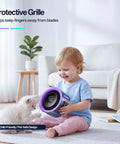 Child holding USB Desk Fan For Bedroom And Office With 100 Speed Digital Display, ultra quiet, protective grille design.