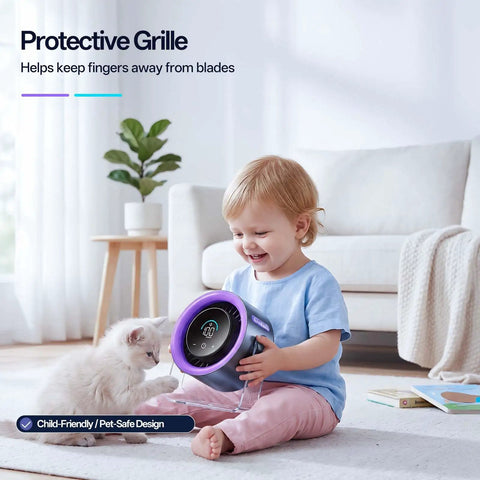 Child holding USB Desk Fan For Bedroom And Office With 100 Speed Digital Display, ultra quiet, protective grille design.