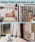 Ultra Wide Baby Gate With Triple Lock No-Fuss Pressure Mounted Walk Through Swing Auto Close Black Metal Gate for Stairs and Doorways, visible with pets on both sides, demonstrating safety for kids and pets.
