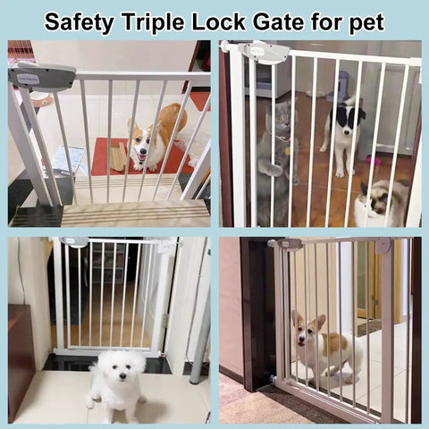 Ultra Wide Baby Gate With Triple Lock No-Fuss Pressure Mounted Walk Through Swing Auto Close Black Metal Gate for Stairs and Doorways, visible with pets on both sides, demonstrating safety for kids and pets.