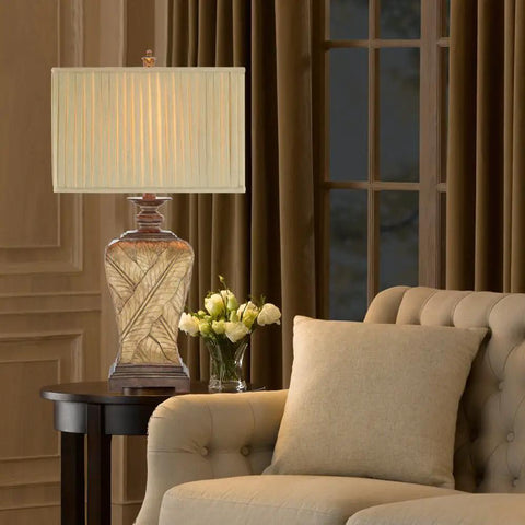 Traditional 3-Way Wrapped Leaf Table Lamp With Rectangular Pleated Fabric Shade 32 Inch Tall Antique Gold Finish UL Listed