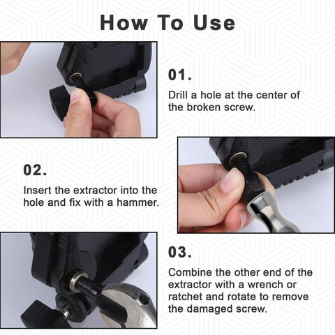 Instructions for using the Ten Piece Hex Bolt Extractor Kit For Stripped Screws And Damaged Fasteners Easy Out Set with hands demonstrating.