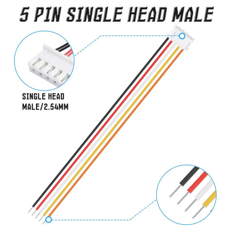 5 Pack 12 Inch Flat Ribbon Jumper Wires 5 Pin Single Head Two Point Five Four Millimeter Pitch Multicolored Dupont Cables