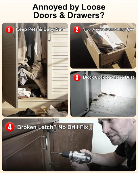 Man fixing cabinet with 12 Pack No Drill Magnetic Cabinet Door Catch With Ultra Thin Invisible Mount for secure closure.
