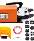 PioMue Air Powered Pneumatic Crimping Tool For Wire Terminal Machines With Nine Replaceable Dies For Up To 16mm Squares, includes accessories.
