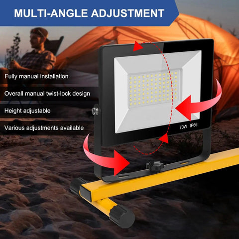 Beastly Bright 21000 Lumen LED Work Light With Tripod Stand showcasing adjustable head with rotation arrows, IP66 waterproof