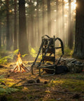 Lightweight Aluminum Pack Frame For Hiking And Backpacking Gear in forest next to campfire, heavy duty load bearing up to 75 kg