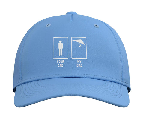 Light blue Hang Glider Dad Hat for Adrenaline Junkies with 'Your Dad My Dad' graphic on front view.