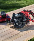 Heavy Duty Seven Quarter Inch Cordless Circular Saw Featuring Rear Handle And Brushless Motor Provides Killer Cuts Through Lumber on wooden table