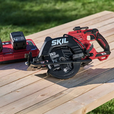 Heavy Duty Seven Quarter Inch Cordless Circular Saw Featuring Rear Handle And Brushless Motor Provides Killer Cuts Through Lumber on wooden table