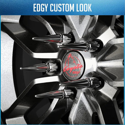 Close-up of Spike Spline Lug Nuts 24 Pcs M14x2 4.40 Inch Long Chrome Truck Hex on a wheel