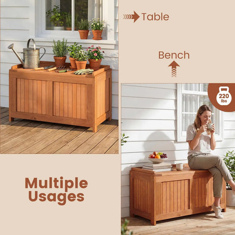 Outdoor Wood Deck Box With Flip Top Bench Go To Patio Storage For Garden And Poolside 52 Gallon Capacity Weatherproof Solid Wood Chest