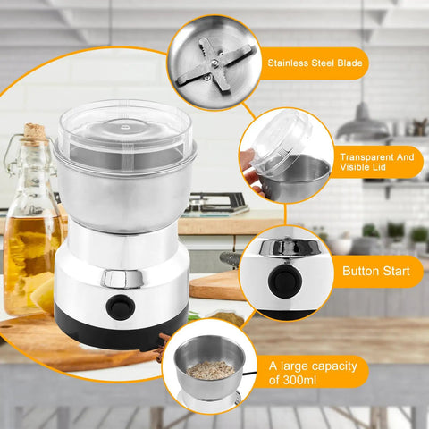 Smooth Electric Burr Coffee Grinder And Stainless Steel Spice Mill For Beans Peppers Herbs With Lightning Fast One Button Grinding And A Roomy 300ml Catch Cup Major Kitchen Flex with stainless steel blade and large 300ml capacity.