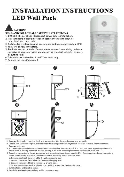 Installation instructions for 26W 3000LM LED Wall Pack Light 100-277V 5000K Daylight Photocell Dusk To Dawn Outdoor Security Lighting
