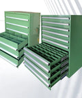 Snag This Top Shelf Lockable Steel Tool Cabinet Featuring Secure Metal Storage Chest And Multiple Compartments Crafted For Garage Workshop Gear Organization Rig, showing green drawer unit with multiple compartments.